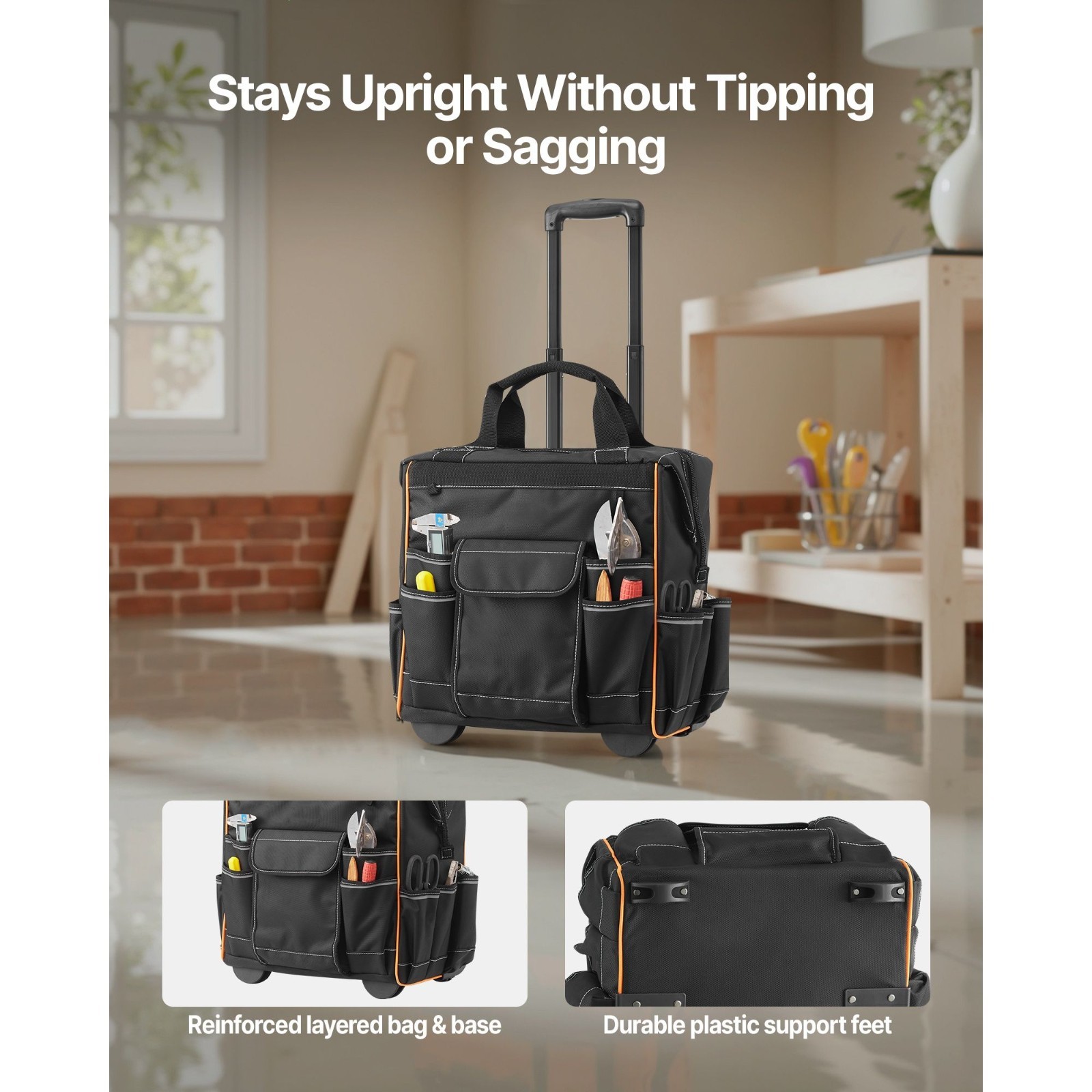 Rolling Tool Bag with Wheels 110 lbs Load Capacity 25 Pockets for Heavy Duty Use