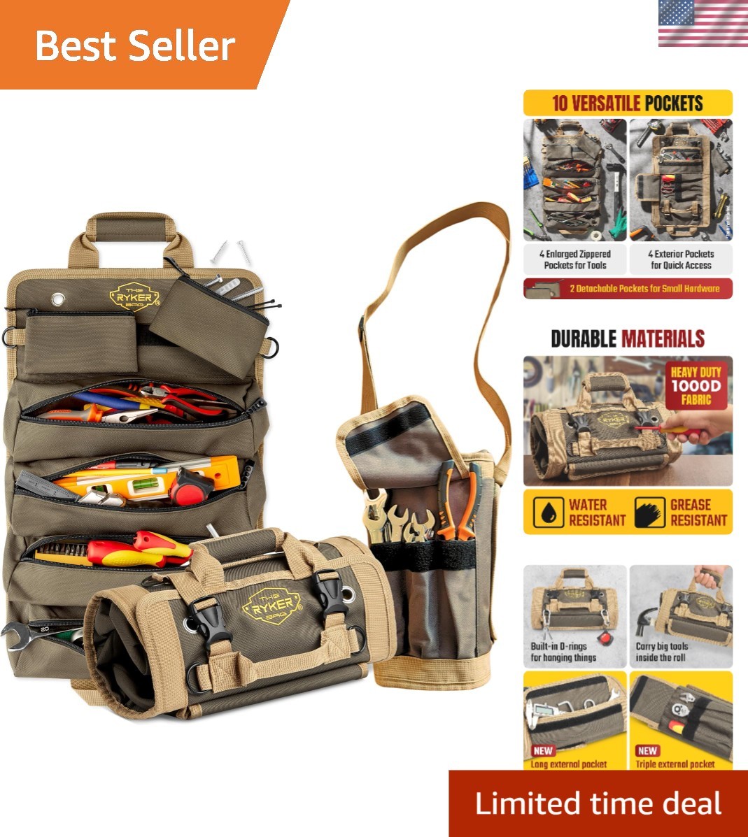 Tool Roll Organizer with Detachable Pockets – Heavy Duty Roll-Up ToolBag for …