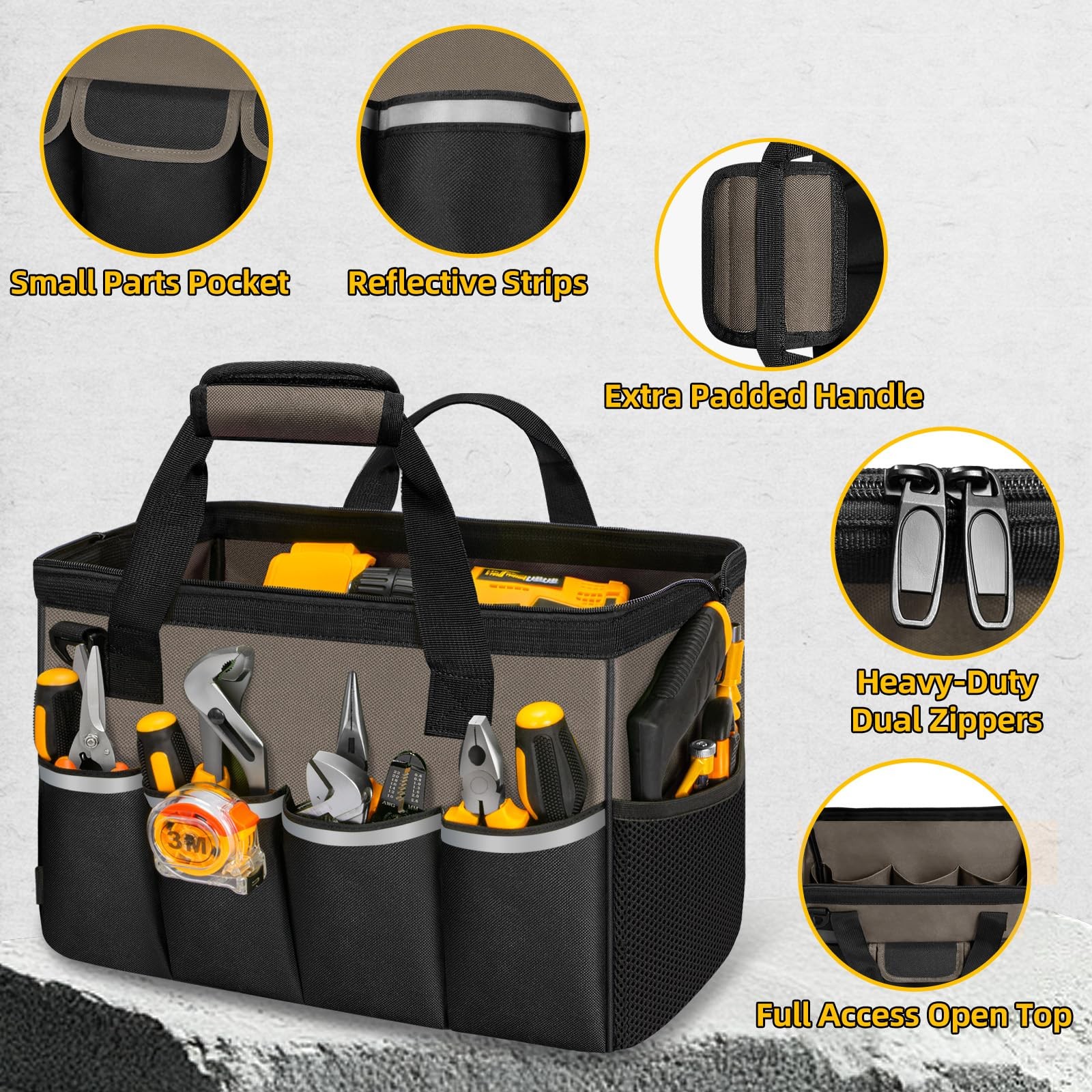 Portable Tool Bag Heavy Duty Tool Box Organizer with Shoulder Strap, Coffee