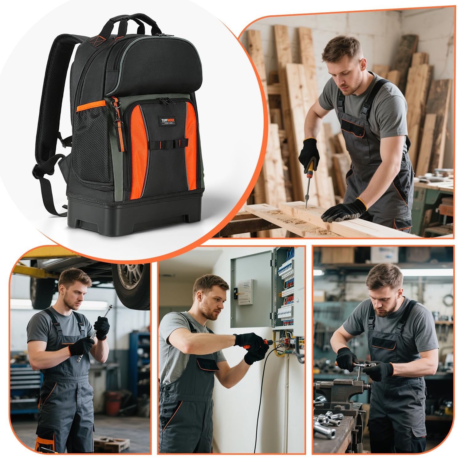 Tool bag Heavy Duty Storage Bag, Multiple Compartments, Black and Orange