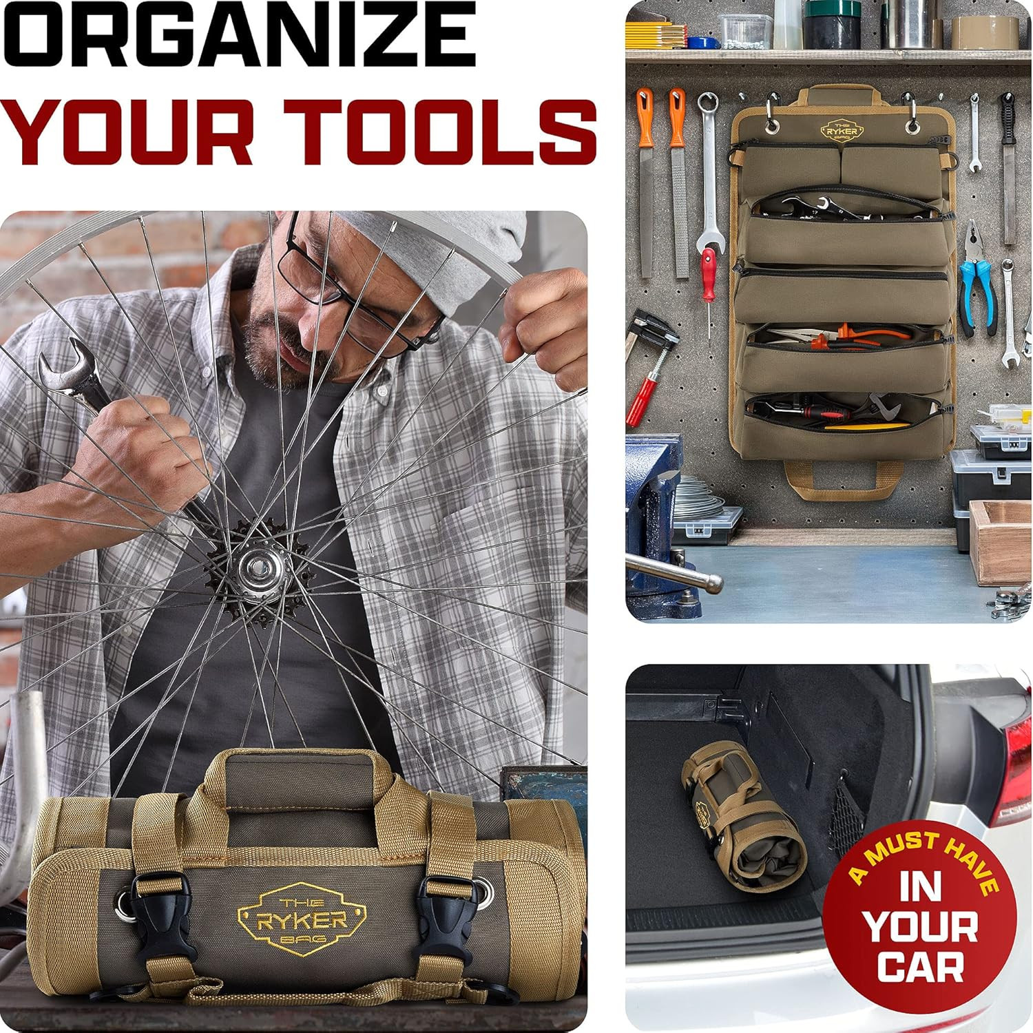 The Ryker Roll up Tool Bag Organizer Gifts for Dad. Heavy Duty Motorcycle Tool R