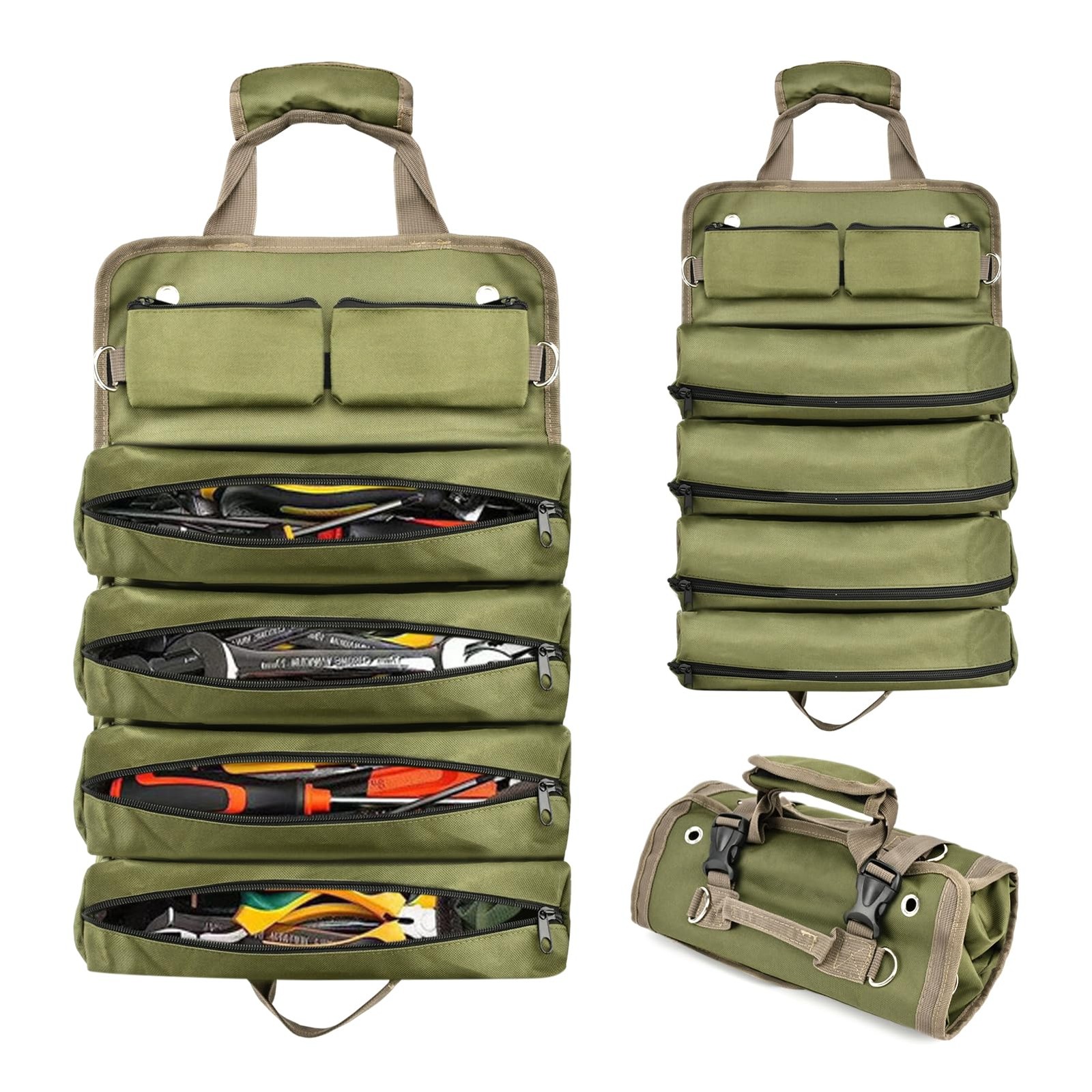 Roll-Up Tool Bag Heavy-Duty Waterproof – 4 Compartments & 2 Detachable Pouche…