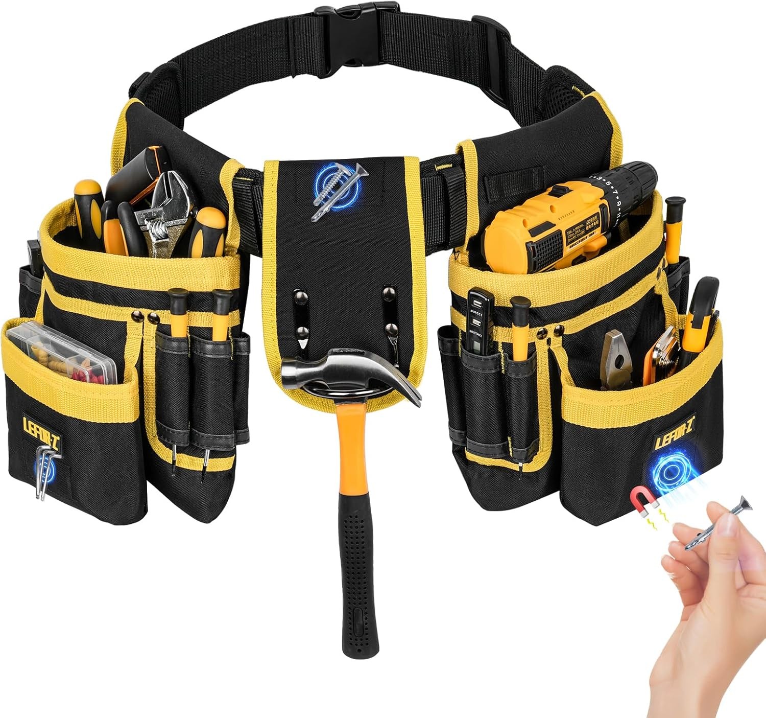 27-Pocket Magnetic Tool Belt Heavy Duty Adjustable Tool Pouch Bag Black/Yellow