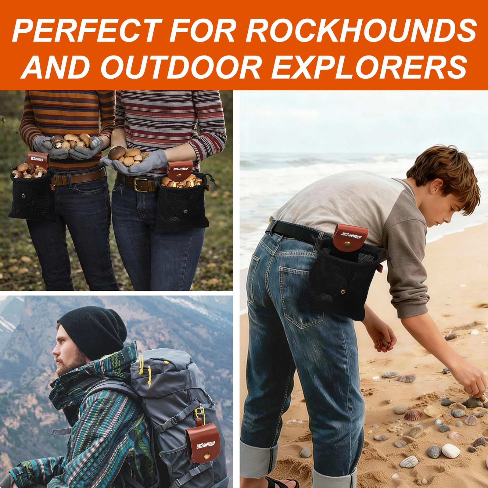 Outdoor Rock Collecting Bag, Nylon Mesh Rock Collection Pouch, Foldable Rockhoun