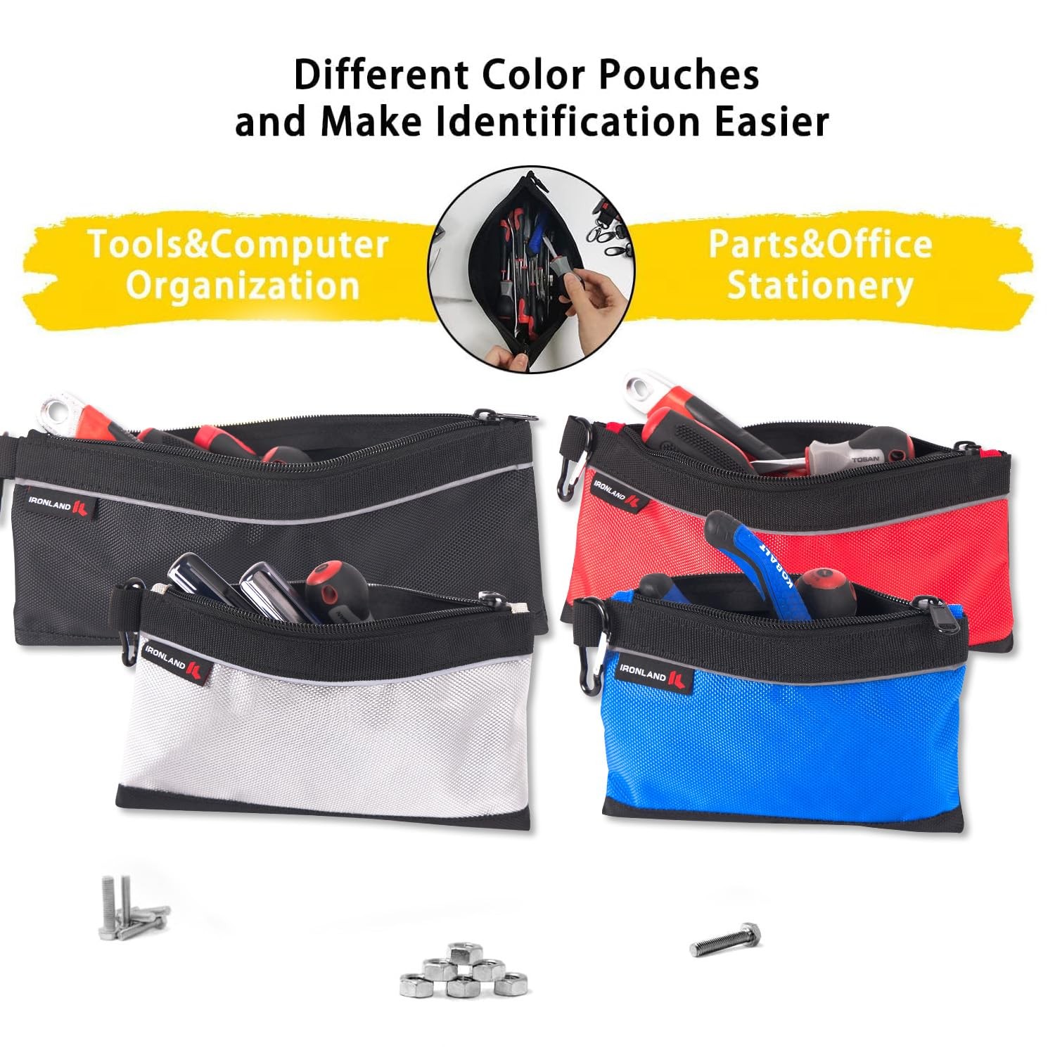 IRONLAND Small Tool Pouches with Zipper 4 Pack Combo, Black,Red,Grey,Blue