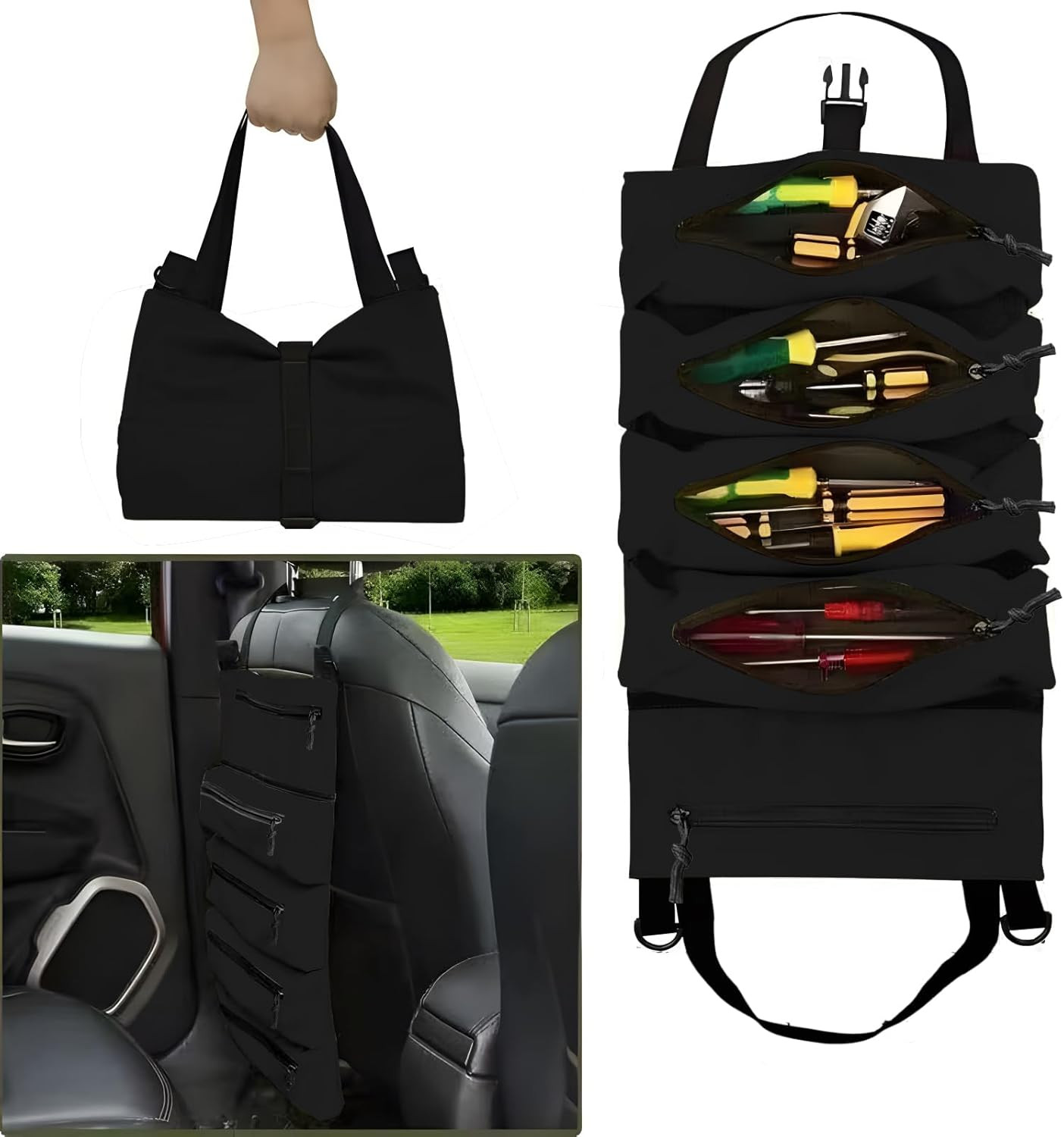 Multi-Purpose Tool Roll Up Bag 5 Pocket Wrench Pouch Canvas Hanging Organizer US