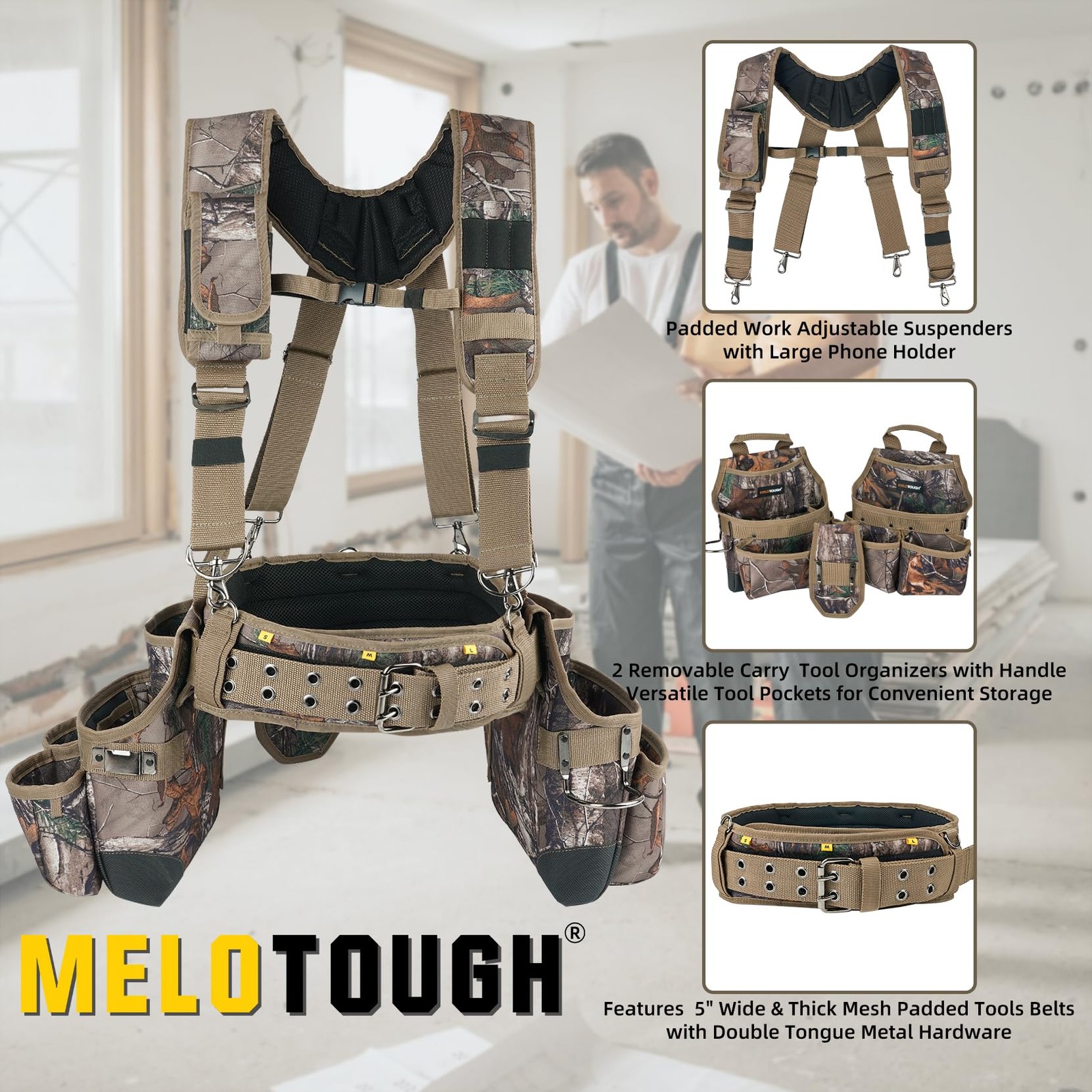 Camo Tool Belt with Suspenders Camouflage Tool Bag Supenders Framers Comb Apr…