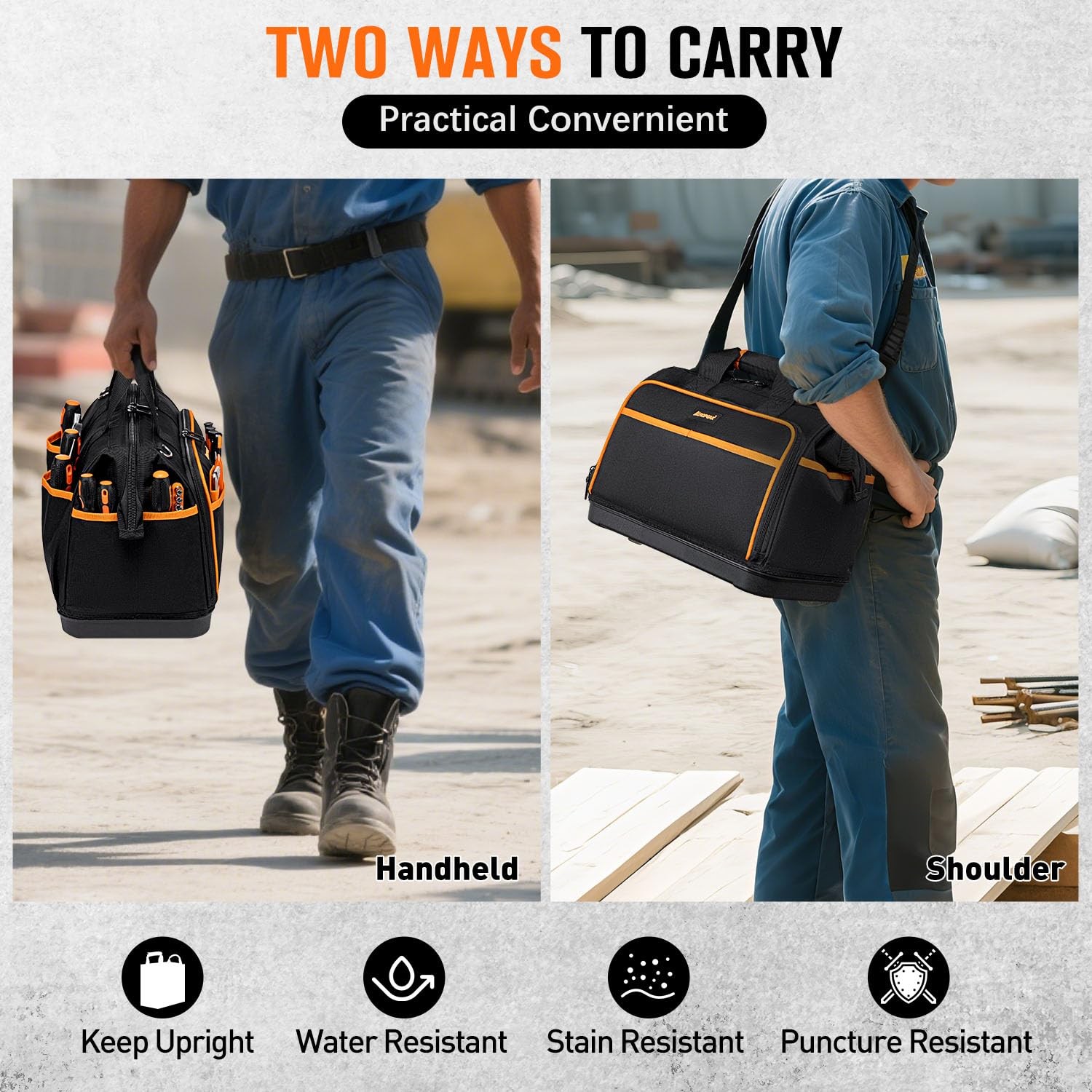 Electrician Tool Bag 17-Inch, 17IN Hard Bottom Bag, Black-orange