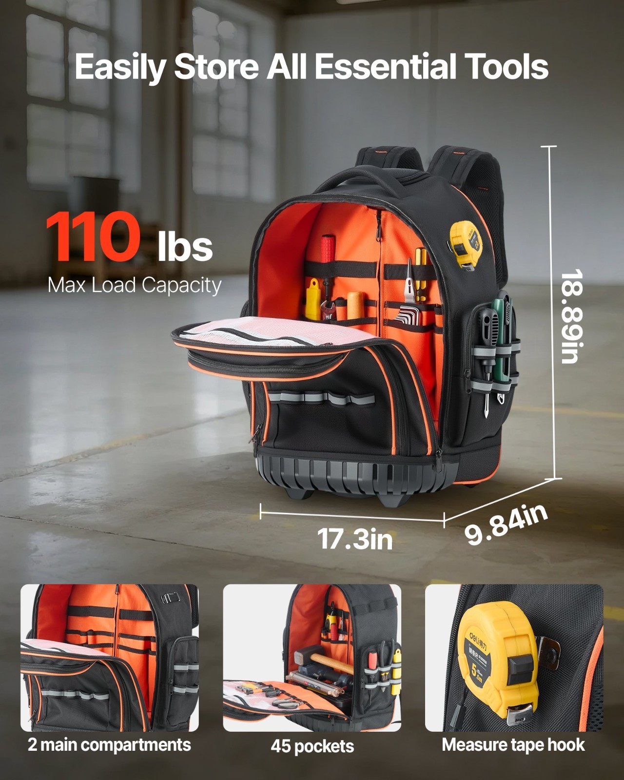 Rolling Tool Backpack 45 Pockets Heavy Duty Tool Bag with Wheels 110LB