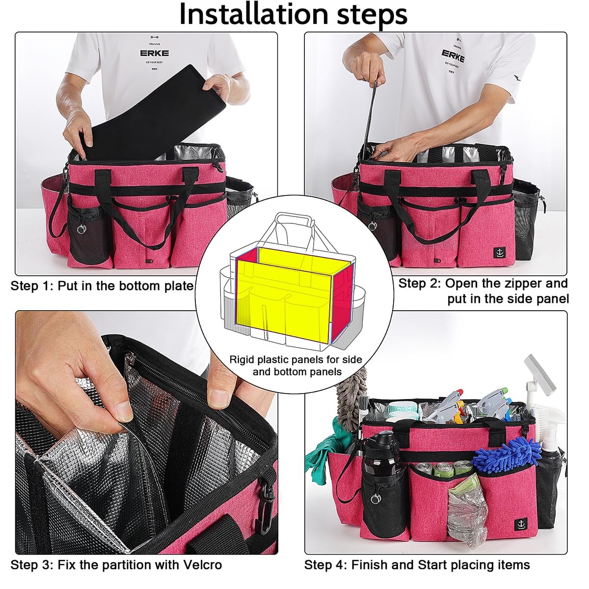 Timoxi Large Cleaning Caddy Bag Built-in Sturdy Support Board, Rose Red