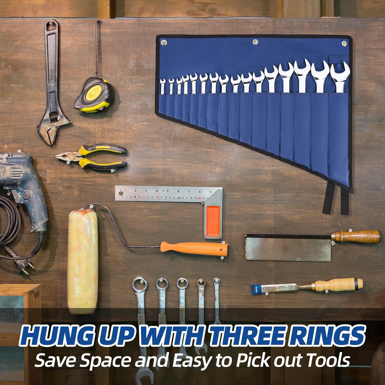 16 Pocket Wrench Roll Organizer Waterproof Oxford Tool Pouch Bag Blue Portable