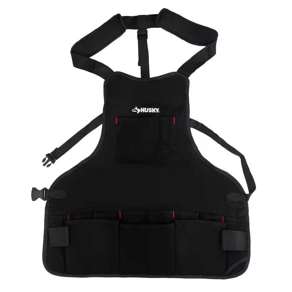 Husky Canvas Bib Tool Work Apron 23 in Quick Release Belt 16-Pocket Black