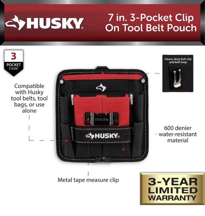 Husky Tool Belt Pouch 3 Pocket Clip On 7 in Water Resistant Heavy Duty Storage