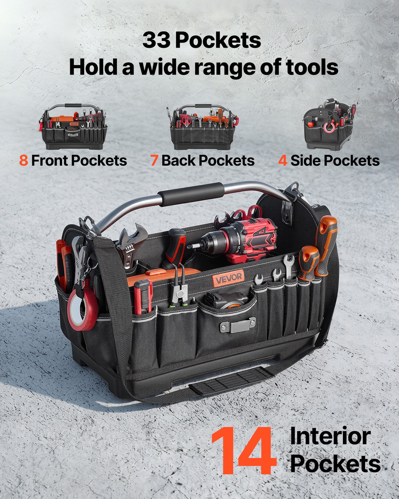 VEVOR Tool Bag 16.1 In 33-Pocket Open Top Tool Tote Electrical Toolbox with Base