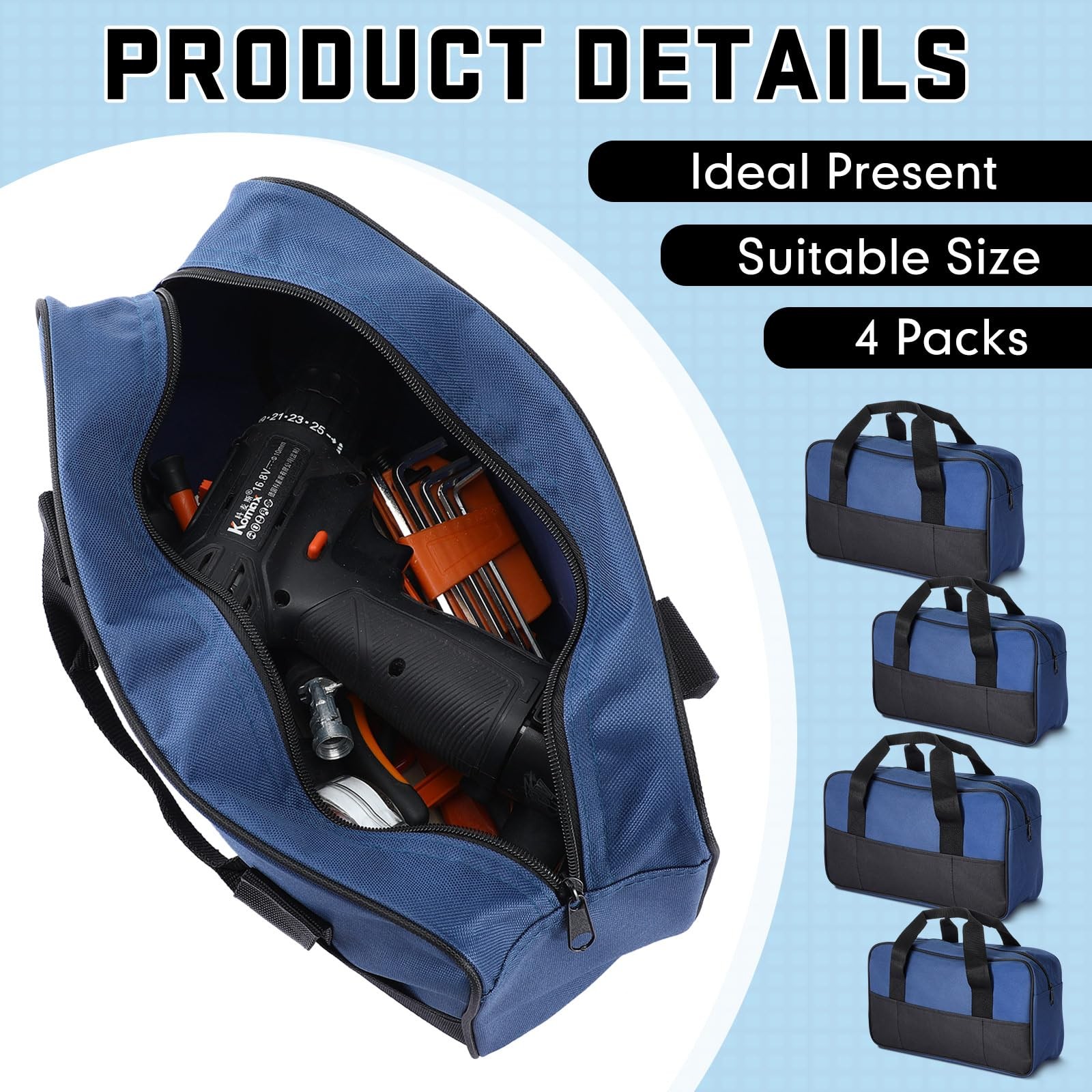 4 PCS Waterproof Heavy Duty Tool Bag Pouch Zipper Tote Electrician Organizer