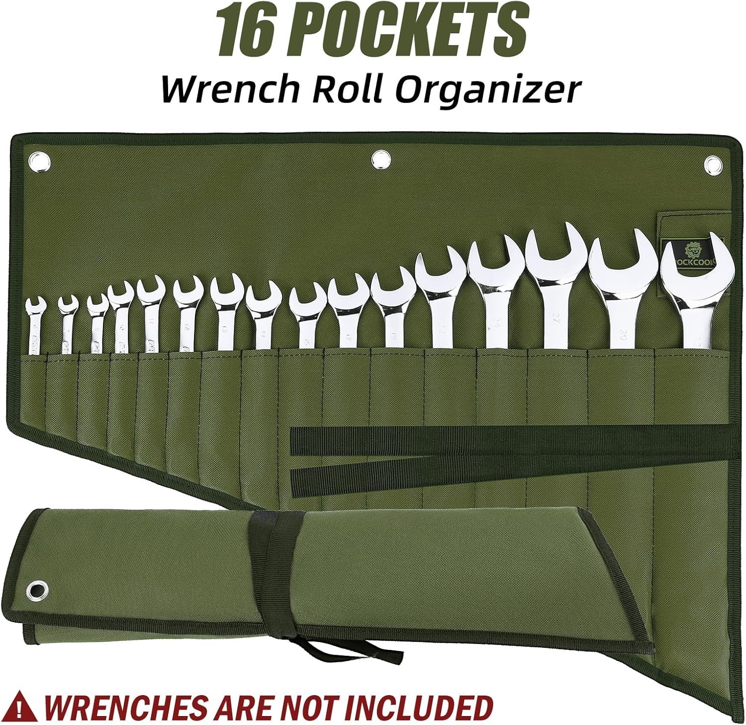 Compact & Lightweight Waterproof Wrench Roll – Organize with 16 Pockets in Green