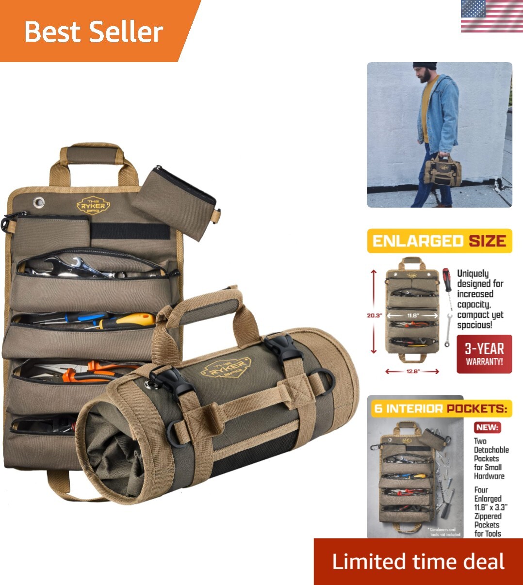 Versatile Portable Tool Roll Organizer with Detachable Pouches for Mechanics