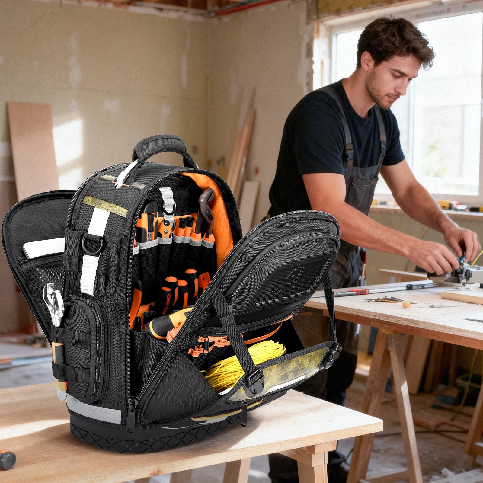 Tool Backpack Bag, Electrician Bag 15.1″L x 7.8″W x 19″H, Black-4PCS