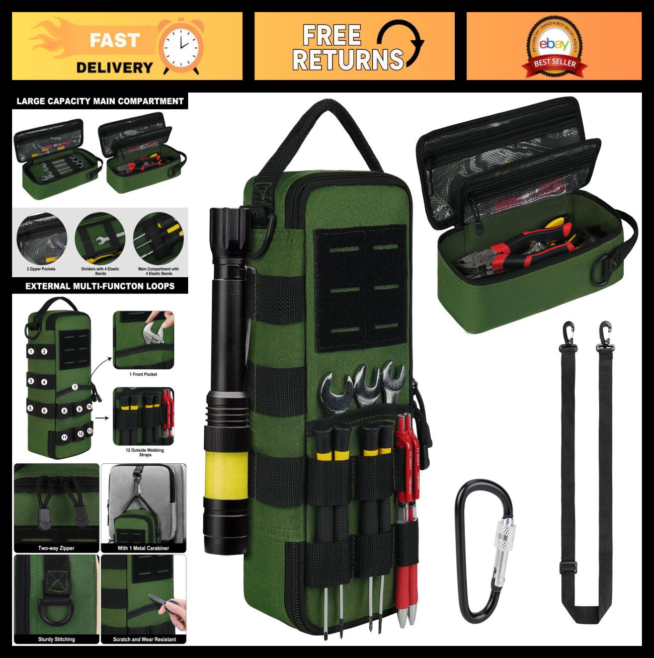 Heavy Duty Small Tool Bag with Carabiner, Tactical Utility Pouch, Portable Organ