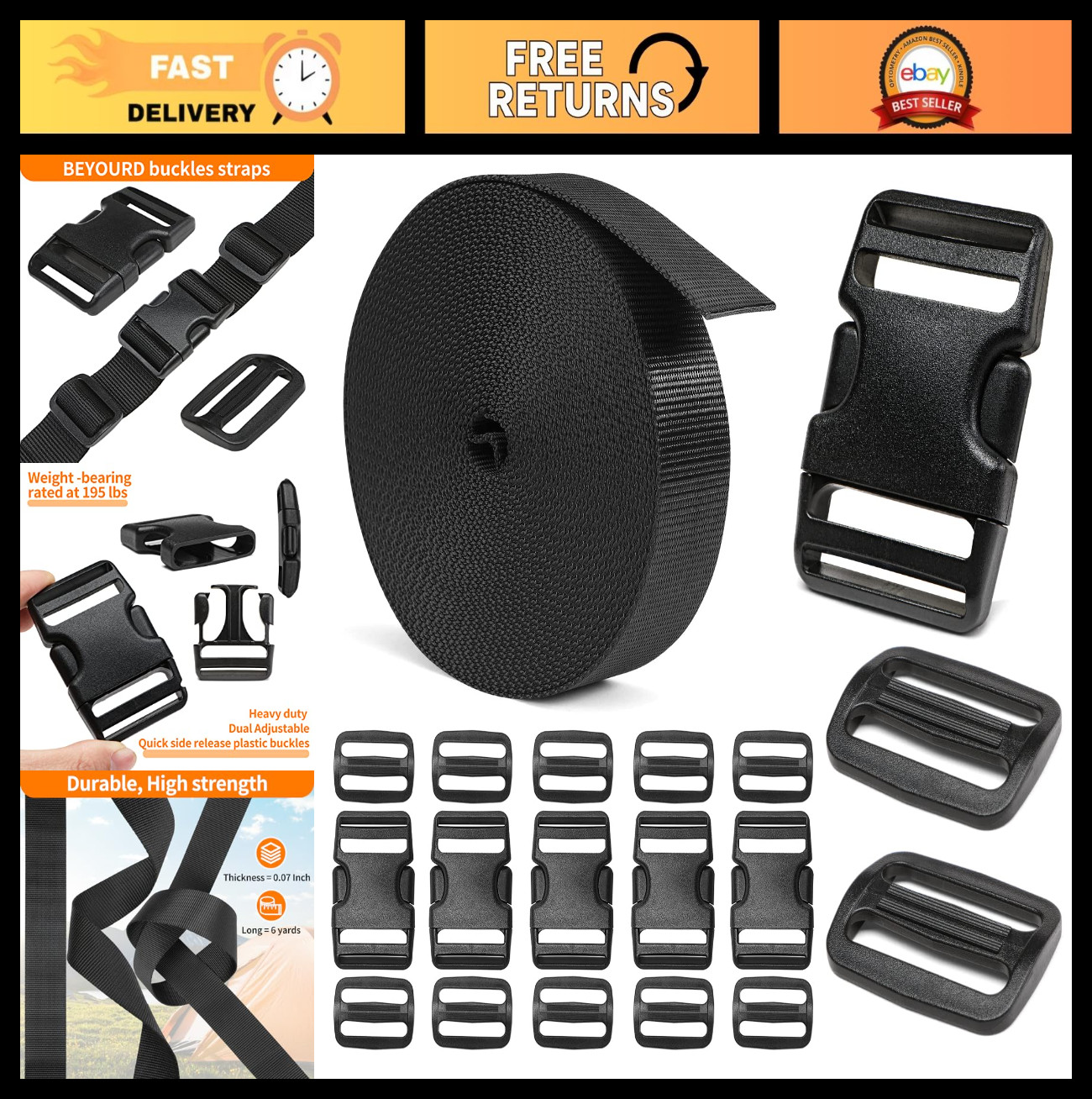 Heavy-Duty 1.5″ Buckle & Strap Set – 6 Yards Thick Nylon Webbing, 6 Quick Releas