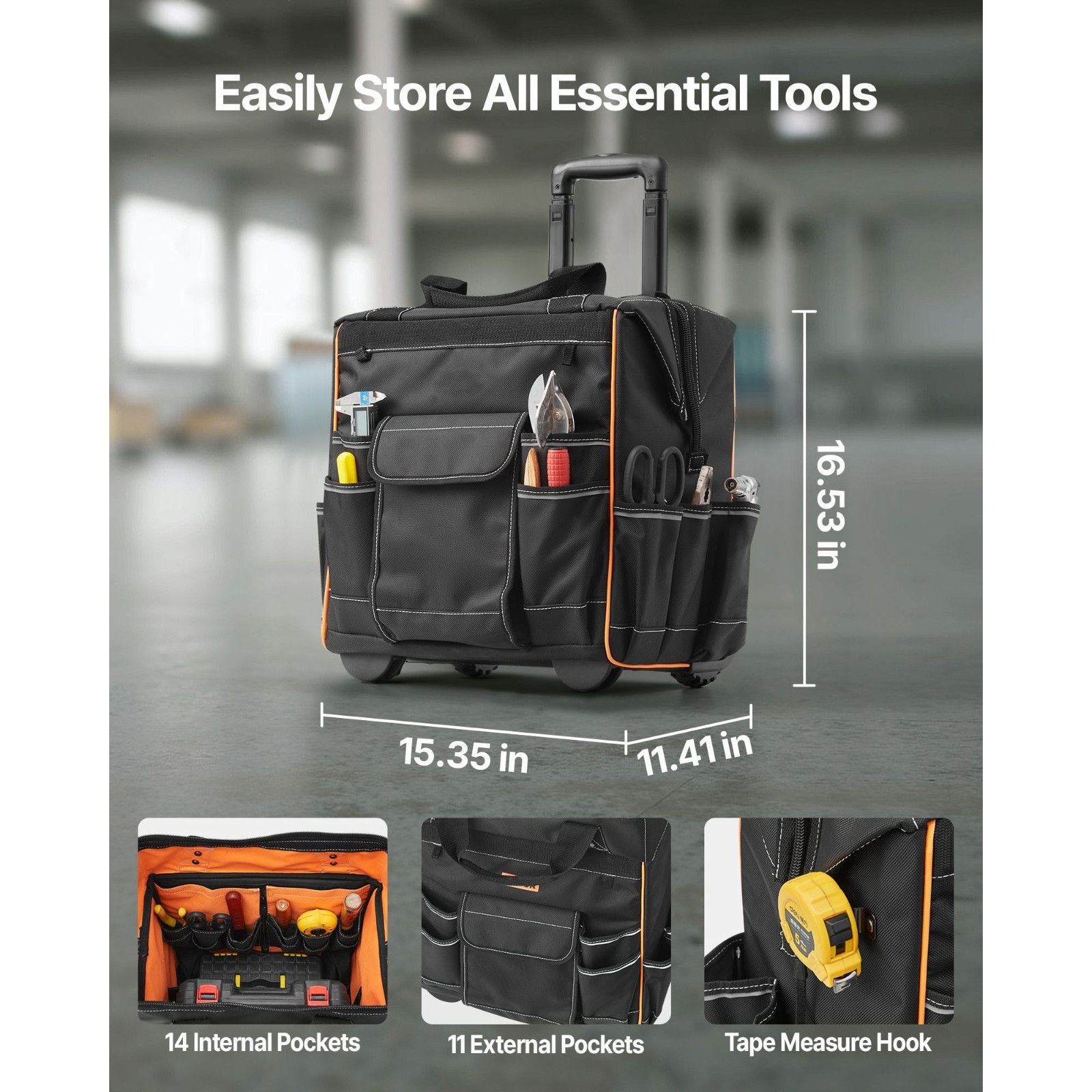 Rolling Tool Bag with Wheels 110 lbs Load Capacity 25 Pockets for Heavy Duty Use