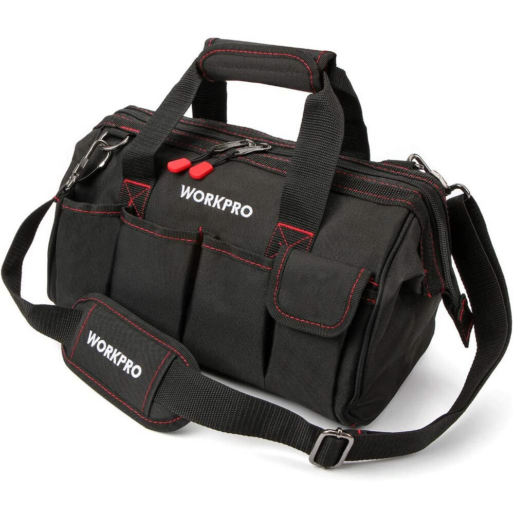 WORKPRO 16″/14″/12″ Wide Mouth Tool Bag Black Tool Storage Tote with Rubber Base