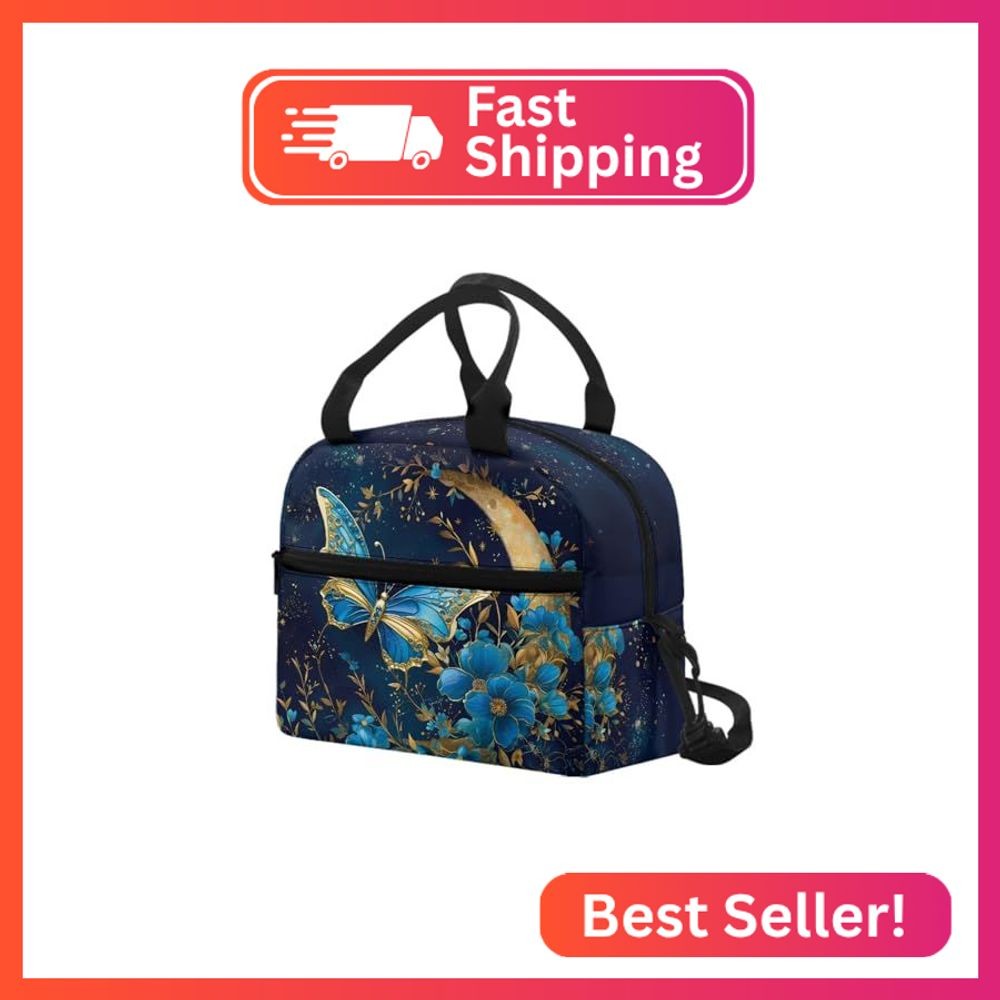 Luarisgur Butterfly Insulated Lunch Box for Women Blue Lunch Tote Bag with Strap