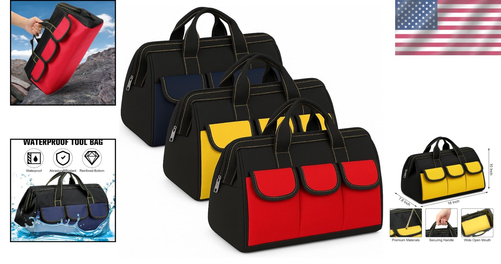 3 Pack Waterproof Tool Bag Set – Black/Red/Blue 16 Inch