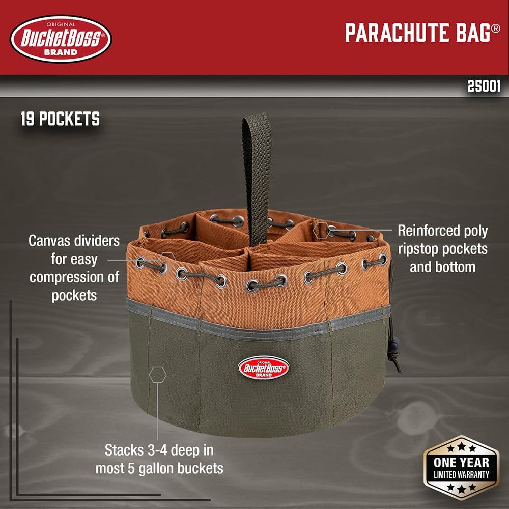 BucketBoss 25001 Canvas Organizer Parachute Bag with 19 Pockets for Nails,Scr…