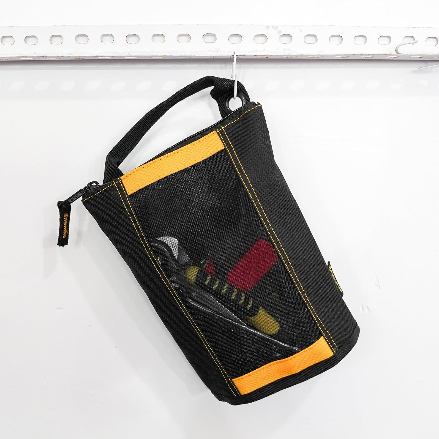 Durable Zipper Tool Pouch Yellow Mesh Pocket Hardware Organizer Stand-Up Design