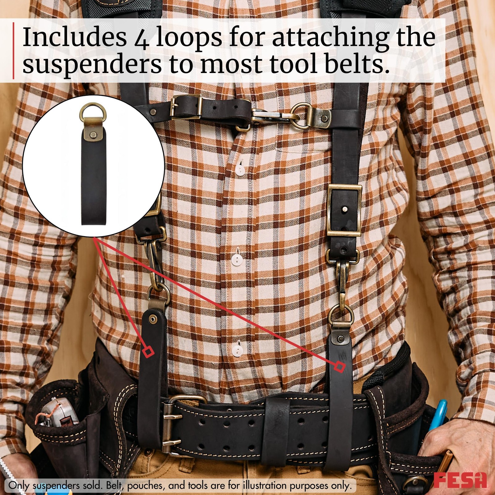 Leather Tool Belt Suspenders for Men with Breathable Mesh Padding, Front Pock…
