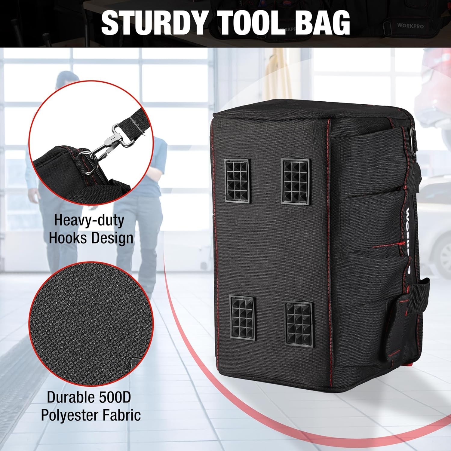 Durable 14-Inch Multi-Pocket Tool Bag with Adjustable Shoulder Strap in Black