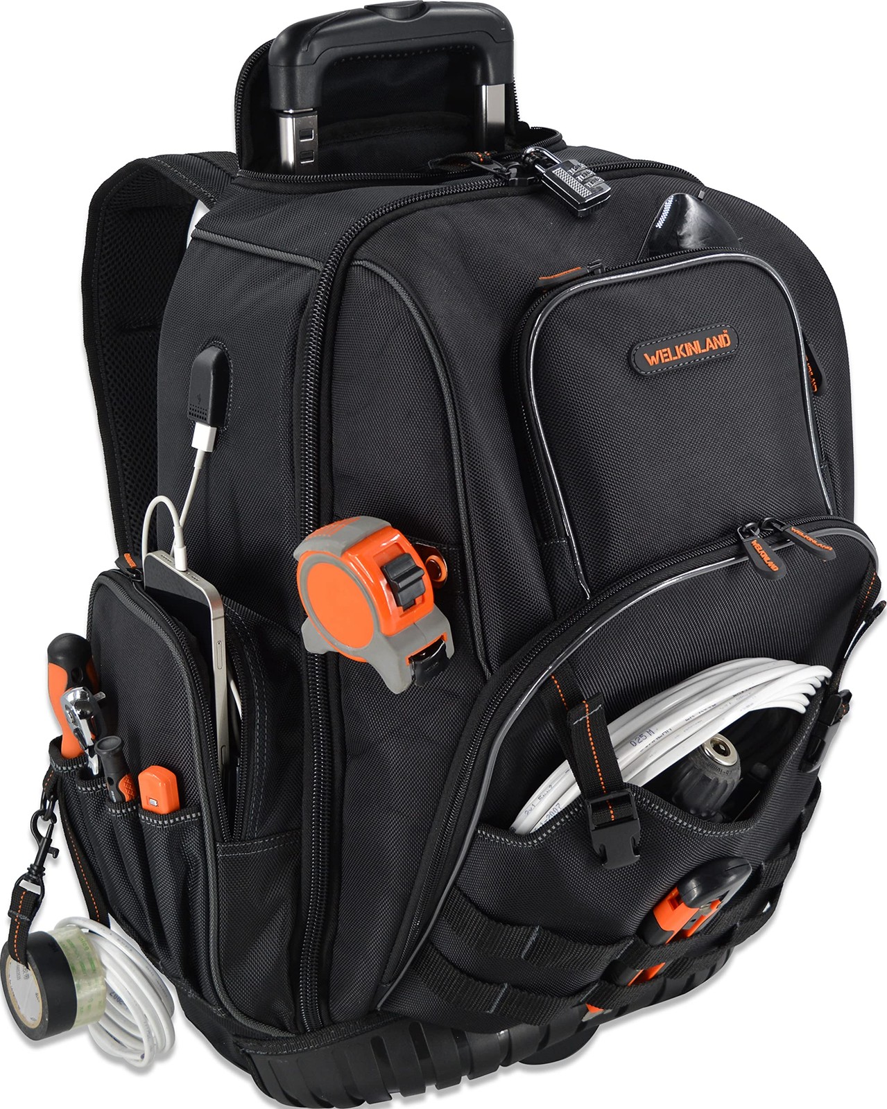 WELKINLAND 72Pockets Rolling Tool backpack, Large tool Large, Black w/ Orange