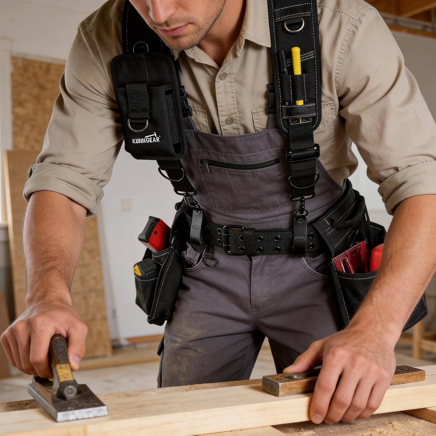 Tool Belt Suspenders with Leather Reinforced, Heavy-Duty Padded Adjustable