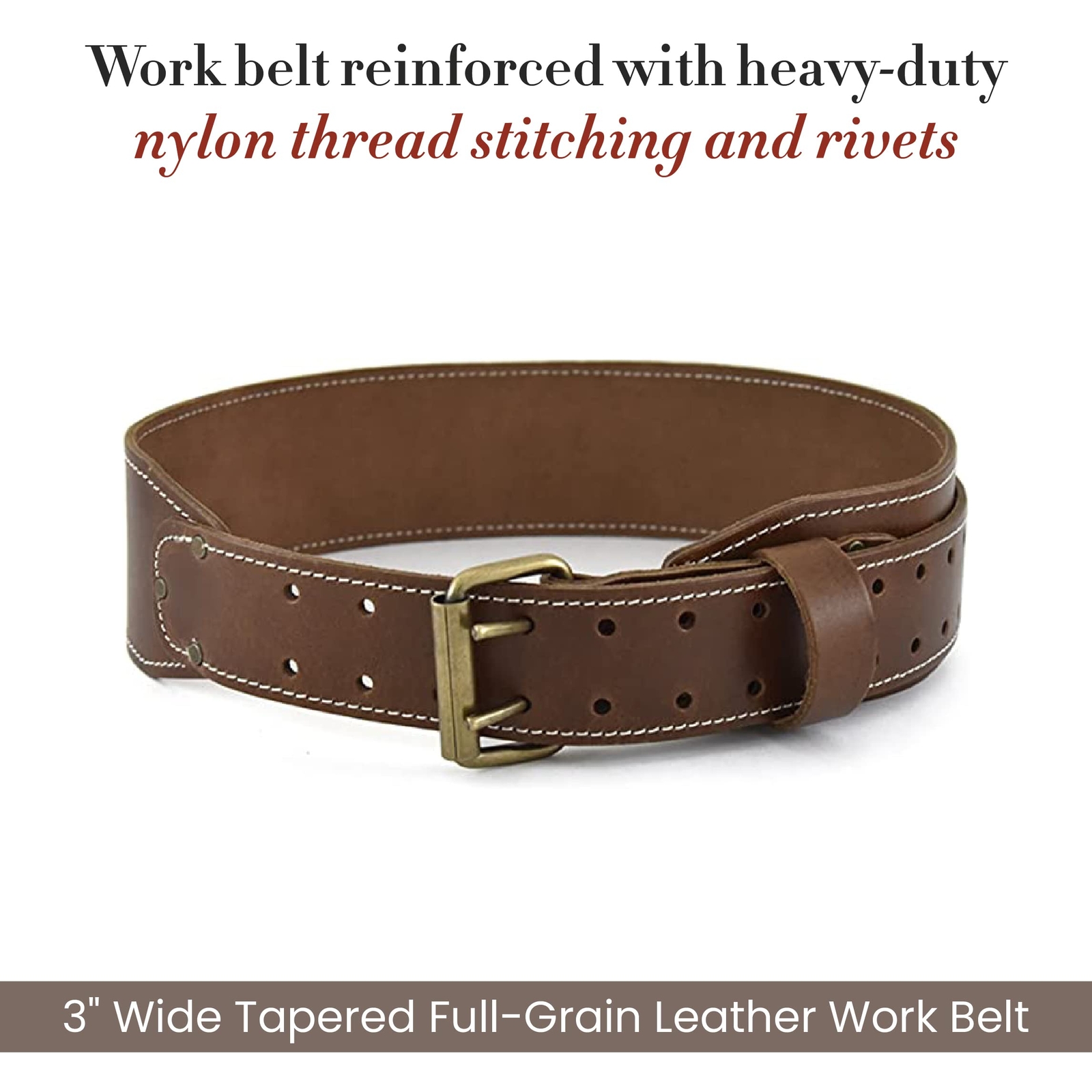3 inch Wide Tapered Full-Grain Leather Work Belt Dark Tan #98437 Heavy Duty