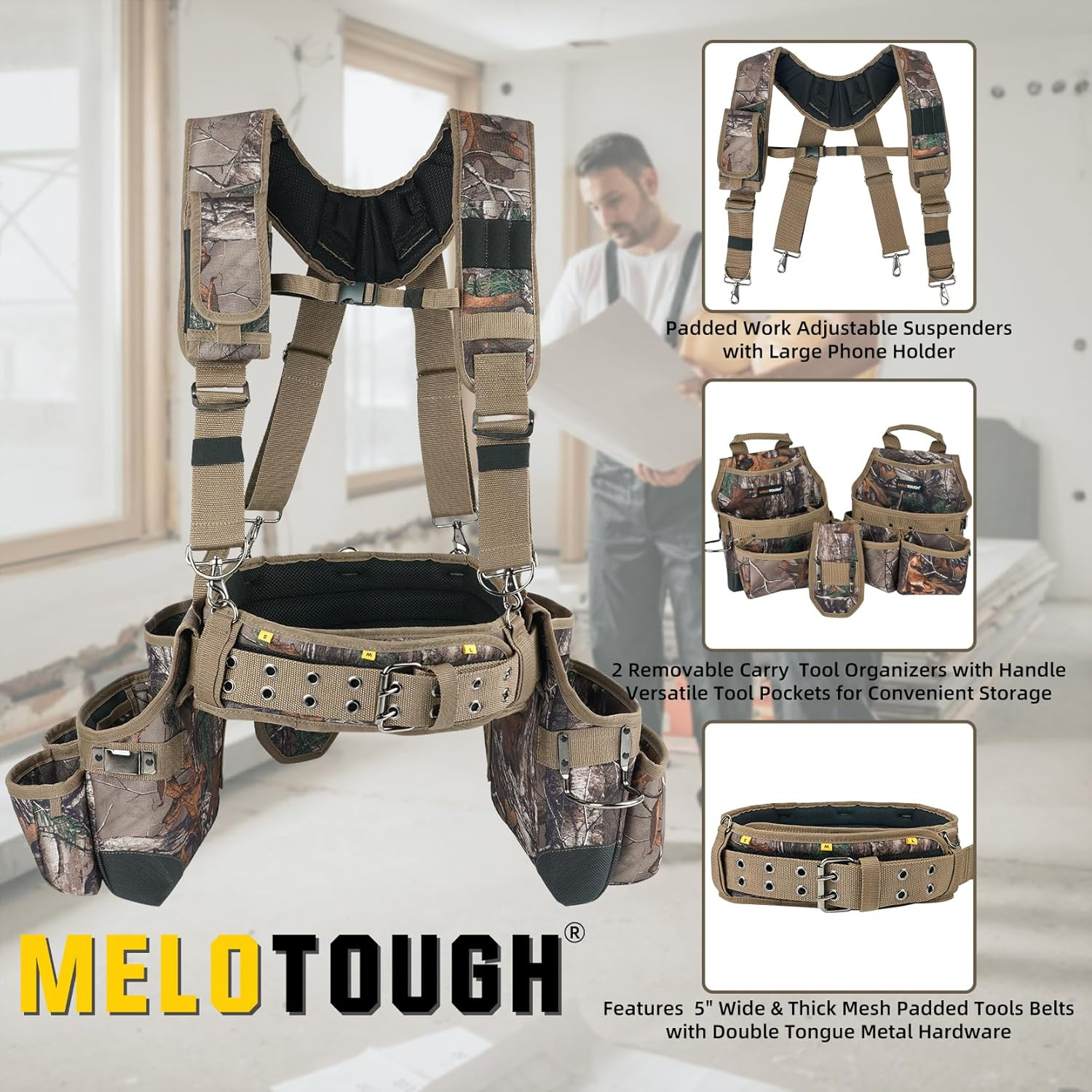 Camo Tool Belt with Suspenders Camouflage Tool Bag Supenders Framers Comb Apron
