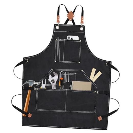 Handmade Work Apron with 11 Tool Pockets, Heavy Duty Waxed Canvas Black