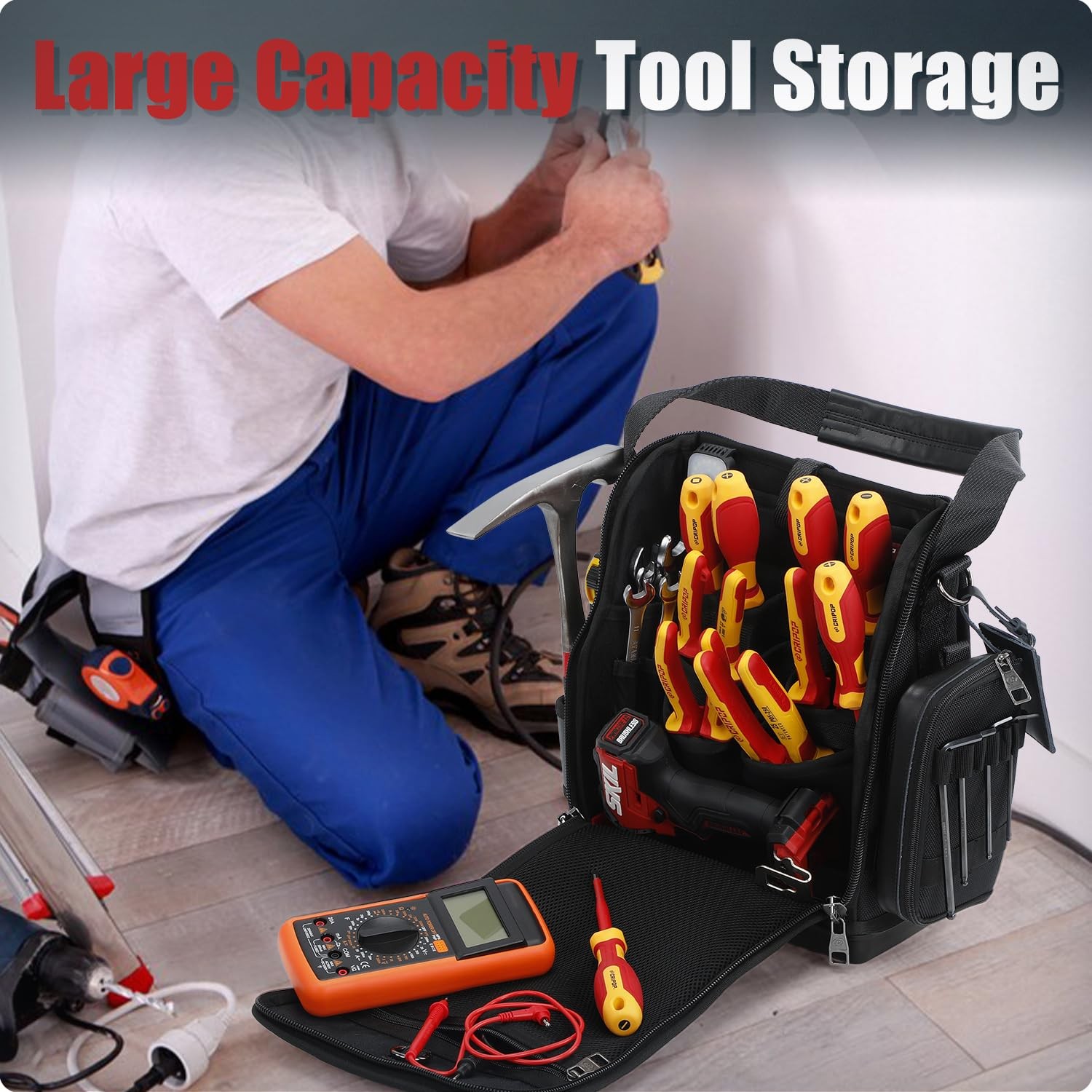 CRIPOP TECH 16 Electrician Tool Bag, Waterproof Hard Bottom Zippered Electric…