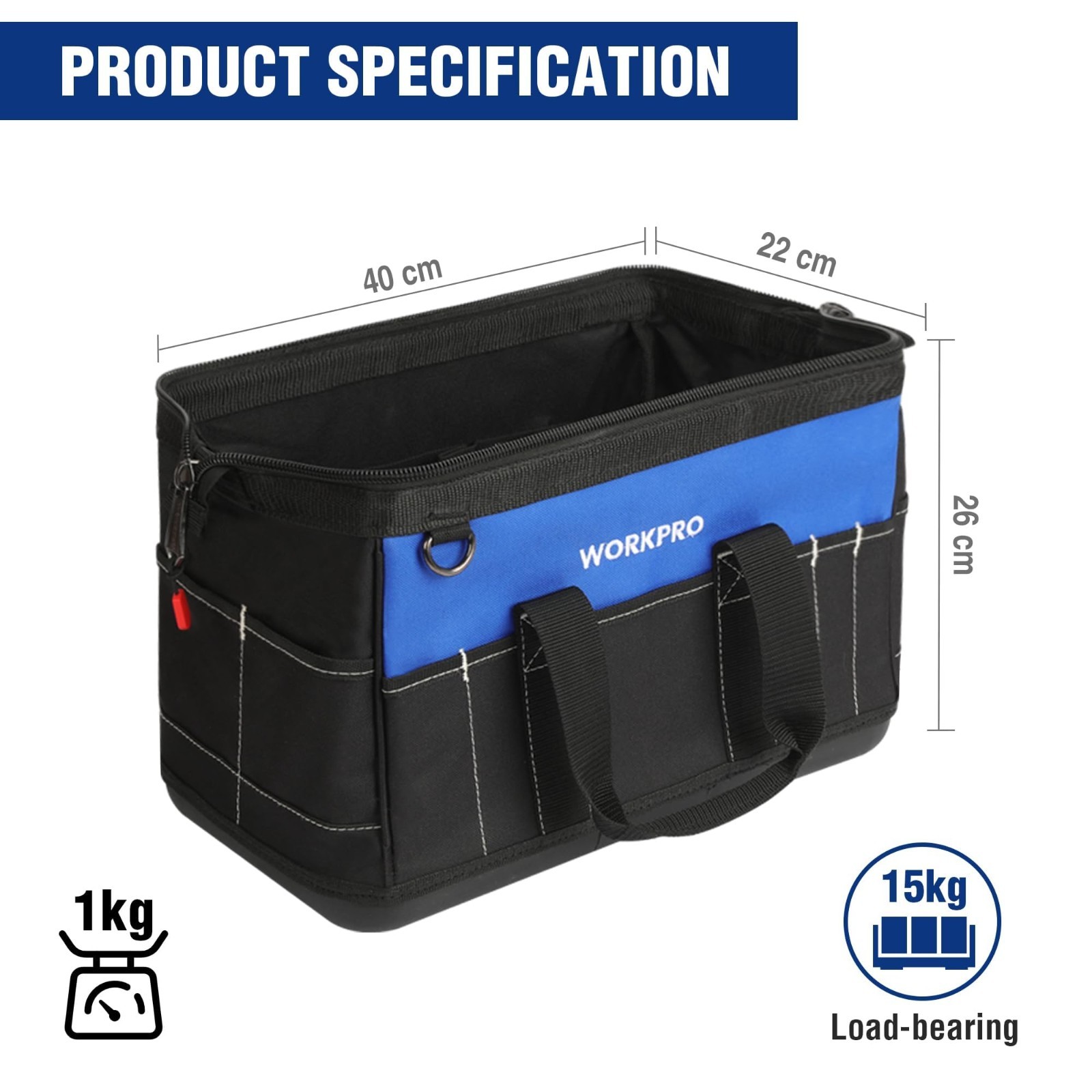 16″ Wide Mouth Tool Bag with Waterproof Molded Base, Heavy-Duty Storage Organize
