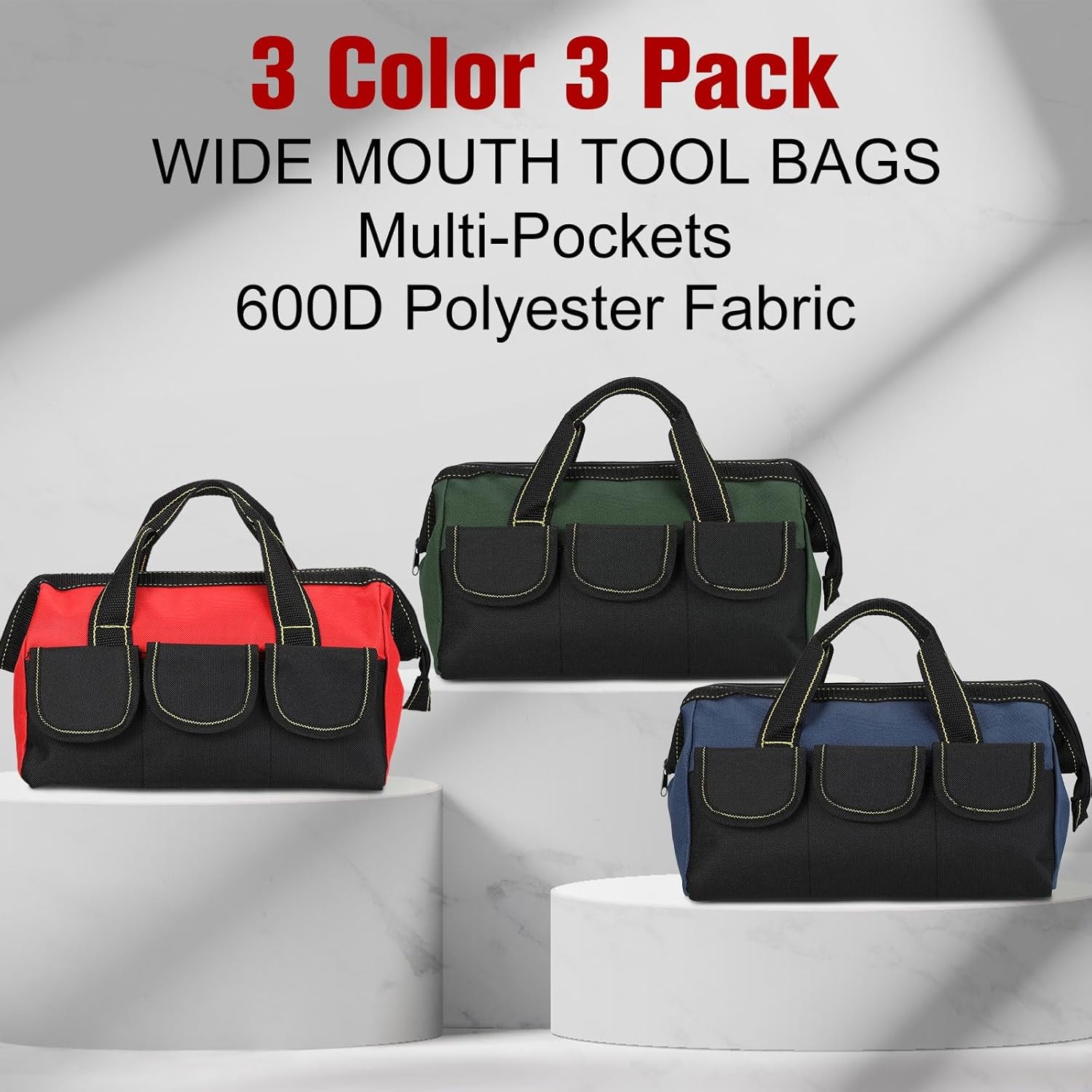 3 Pack Tool Bag 16″ Waterproof Hard Bottom Heavy Duty Electrician Tote