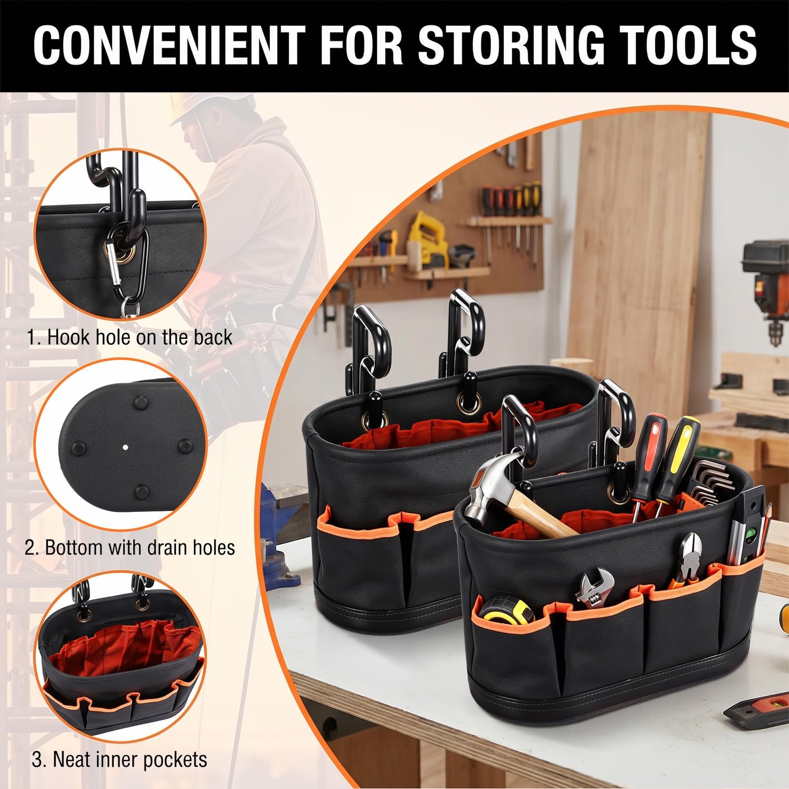 Hard Tool Bucket with 2 Hooks, Drain holes, 10 Pockets(1 Pcs)