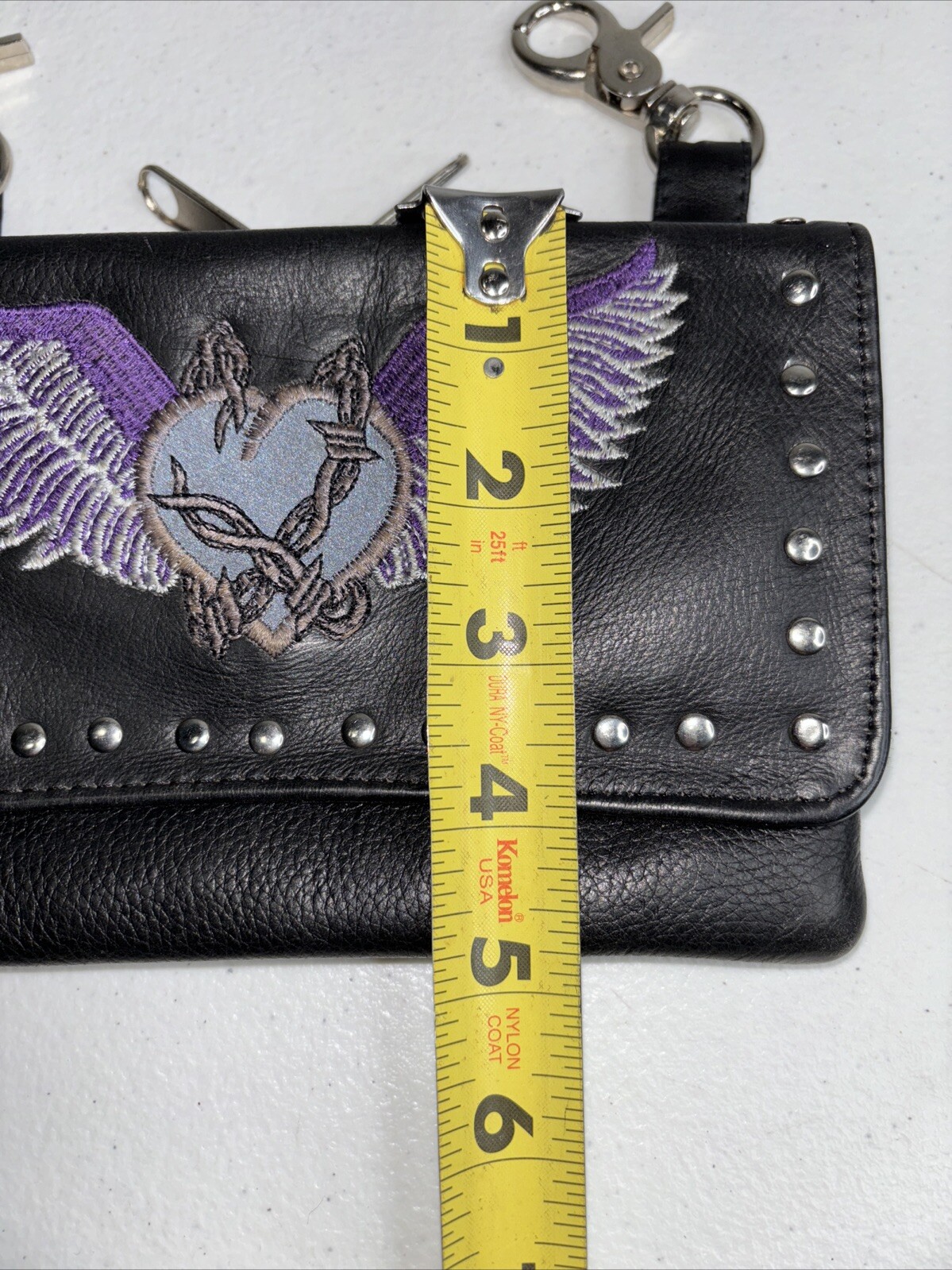 Black Biker Studded Leather Belt Clip Pouch Barbed Wire Heart With Purple Wings
