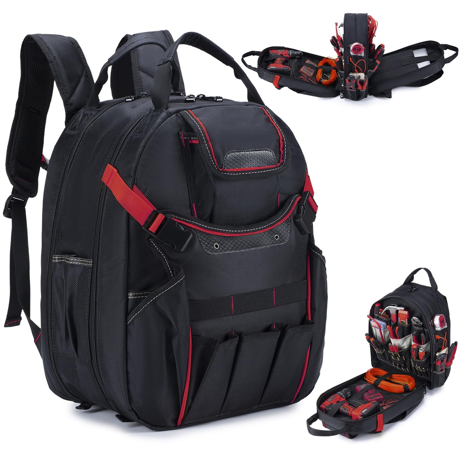 KSIBNW Tool Backpack, 45-Pockets Heavy Duty for Men Organizer Bags with Red