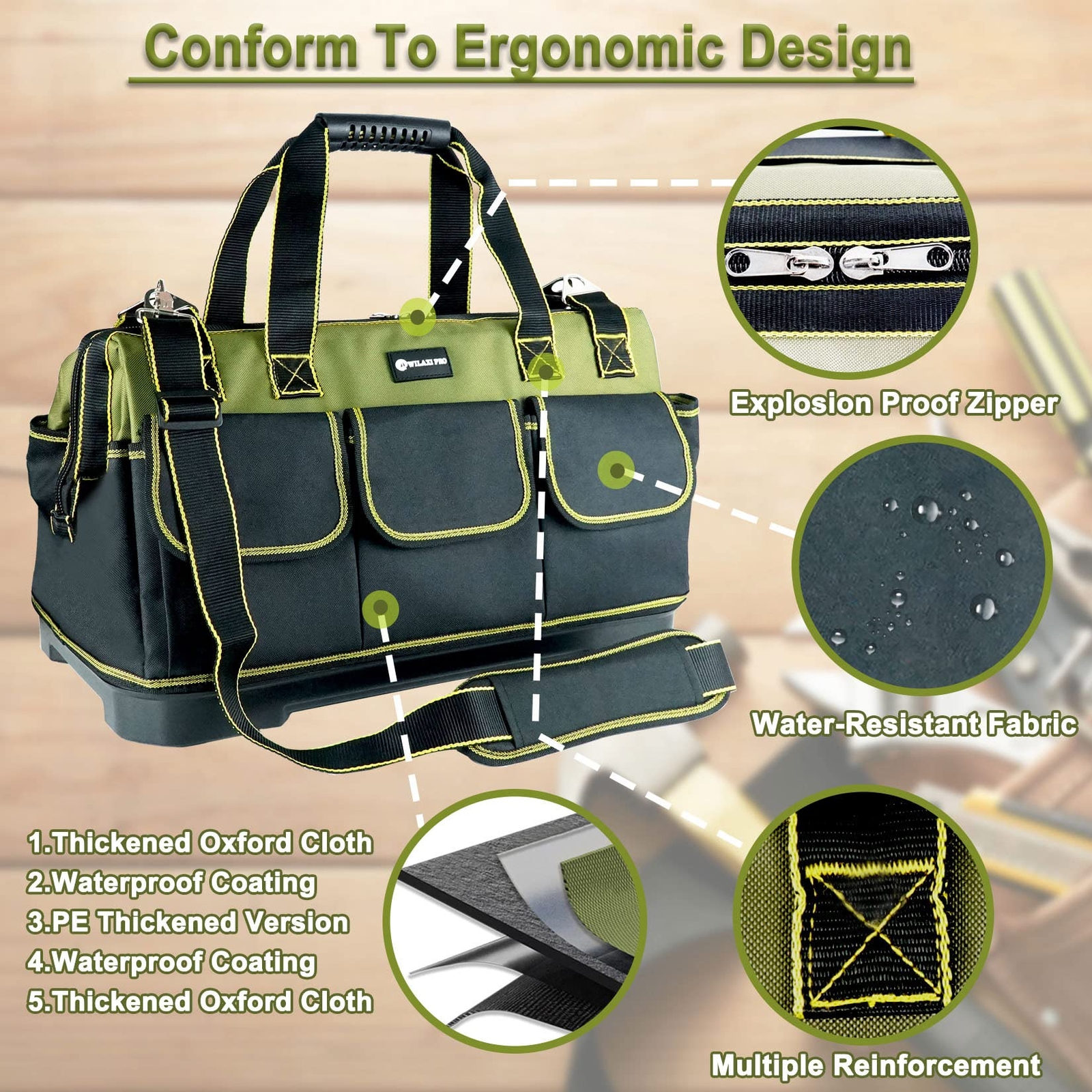 17in Tool Bag For Men Heavy Duty With Waterproof Molded Base High Capacity Wide